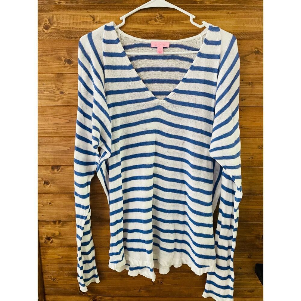 Lilly Pulitzer Blue White Striped Stasia Stacia Stadia Dolman Sleeve Sweater